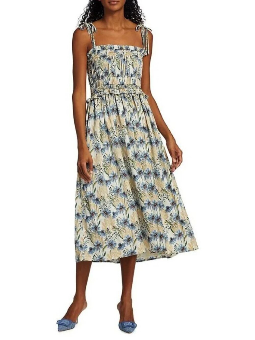 New En Saison Haley Floral Smock Tie Strap Midi Dress Blue Small $146